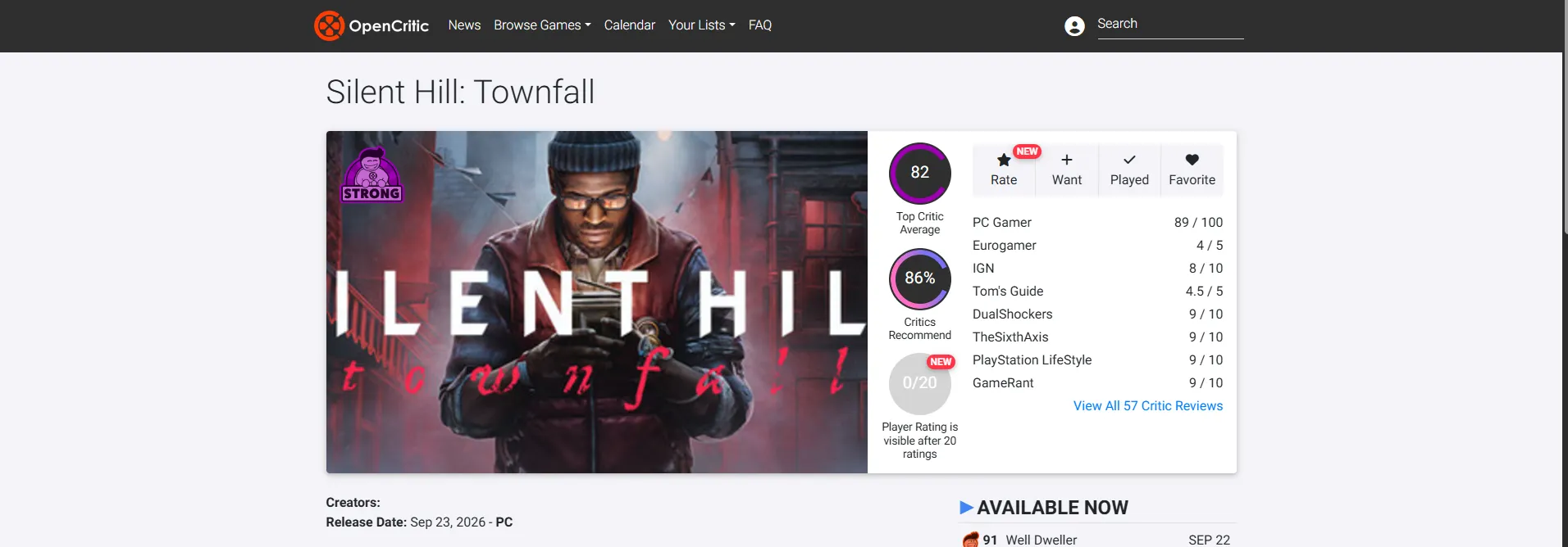 Оценки Silent Hill: Townfall. Источник: OpenCritic
