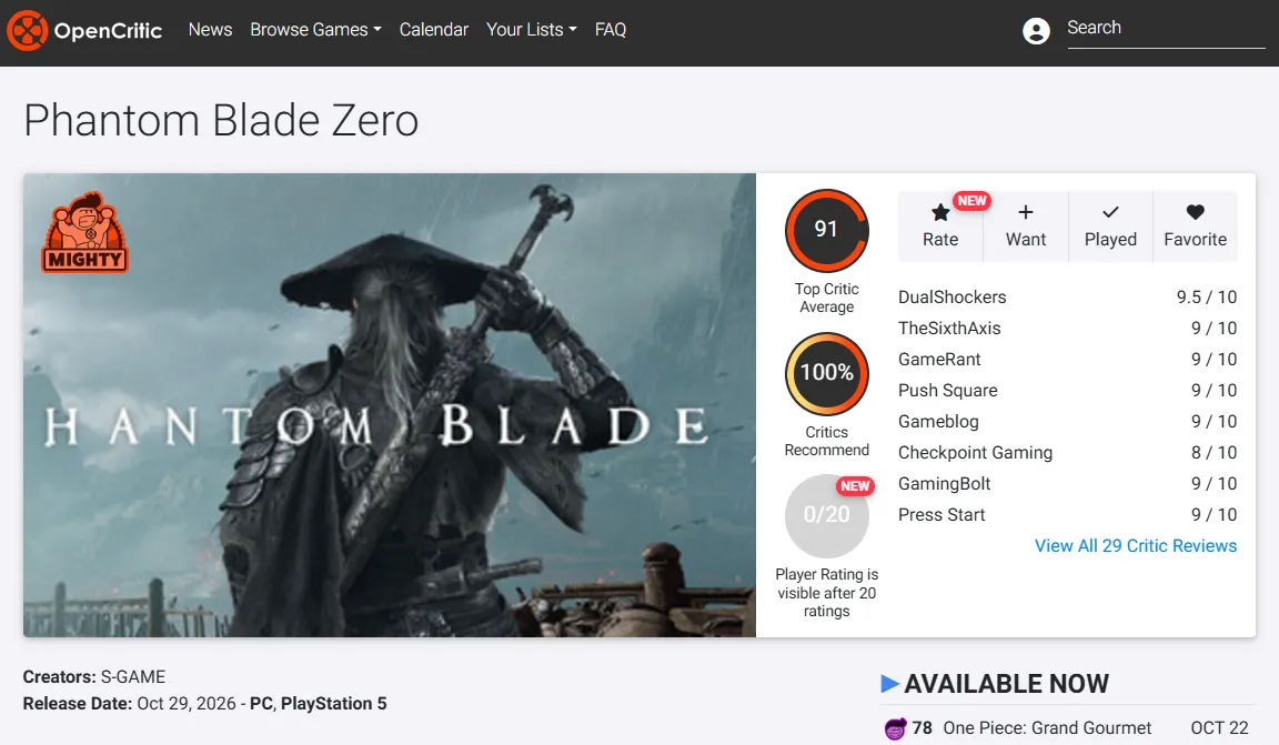 Оценки Phantom Blade Zero. Источник: OpenCritc