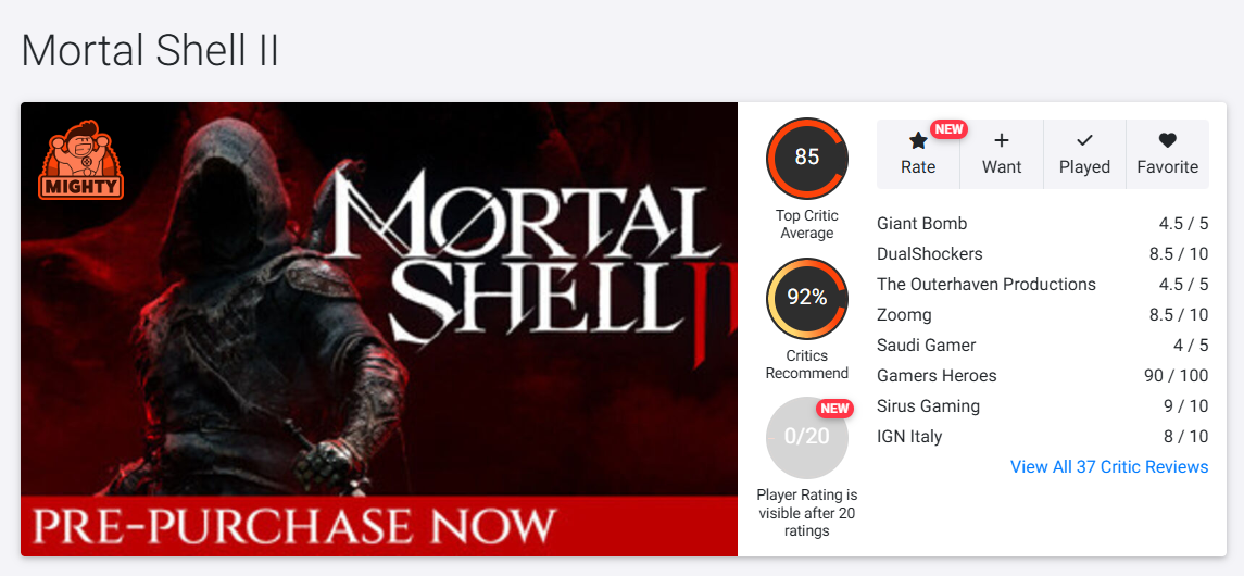 Оценки Mortal Shell II. Источник: OpenCritic