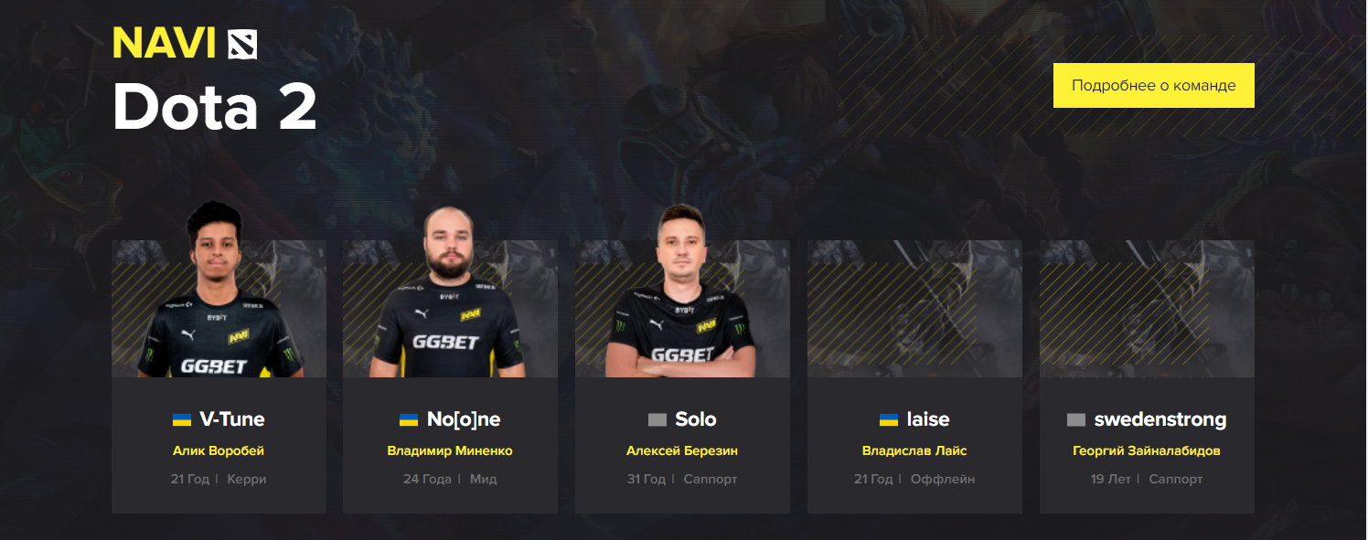 Состав NAVI по Dota 2 | Источник: официальный сайт NAVI