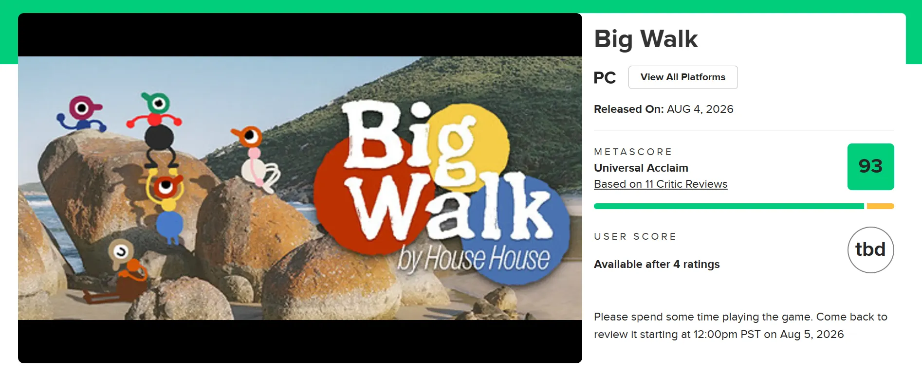 Оценки Big Walk. Источник: Metacritic