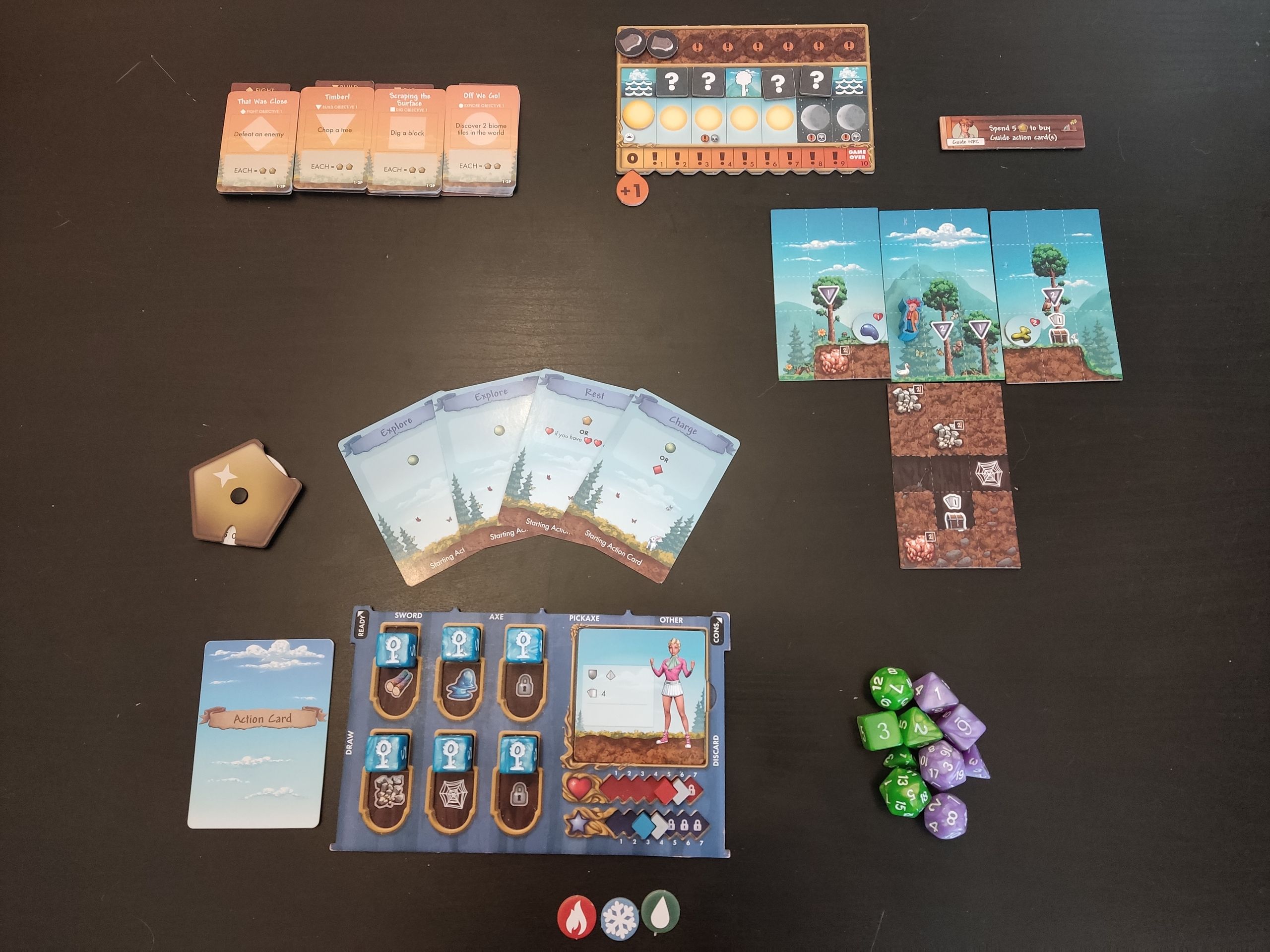 Небольшое постановочное фото с минималистичной раскладкой на одного игрока. Здесь можно посмотреть на планшет времени и кучу самых разных кубов для боя.