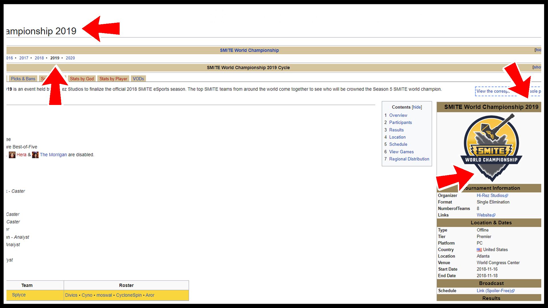 Скриншот со Smite Esports Wiki - чемпионат мира 2019, которые проходил в конце 2018 года, везде указания, что это чемпионат 2019 года, но вот на логотипе, в специально отведенном для года месте, этот самый год подтерли