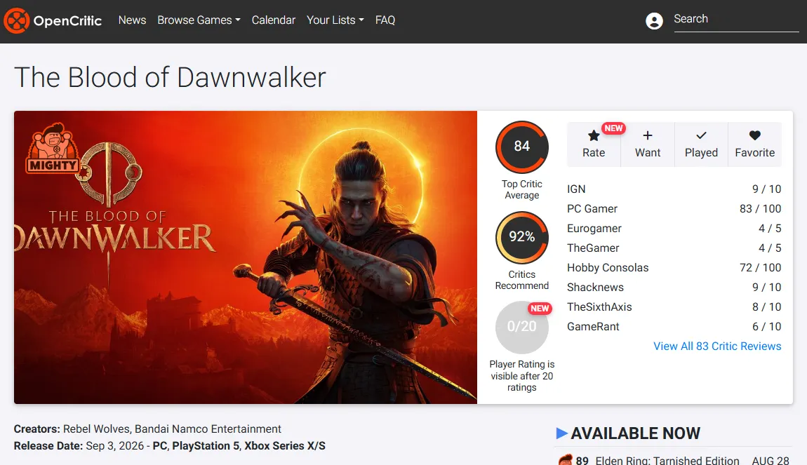 Оценки The Blood of Dawnwalker. Источник: OpenCritic