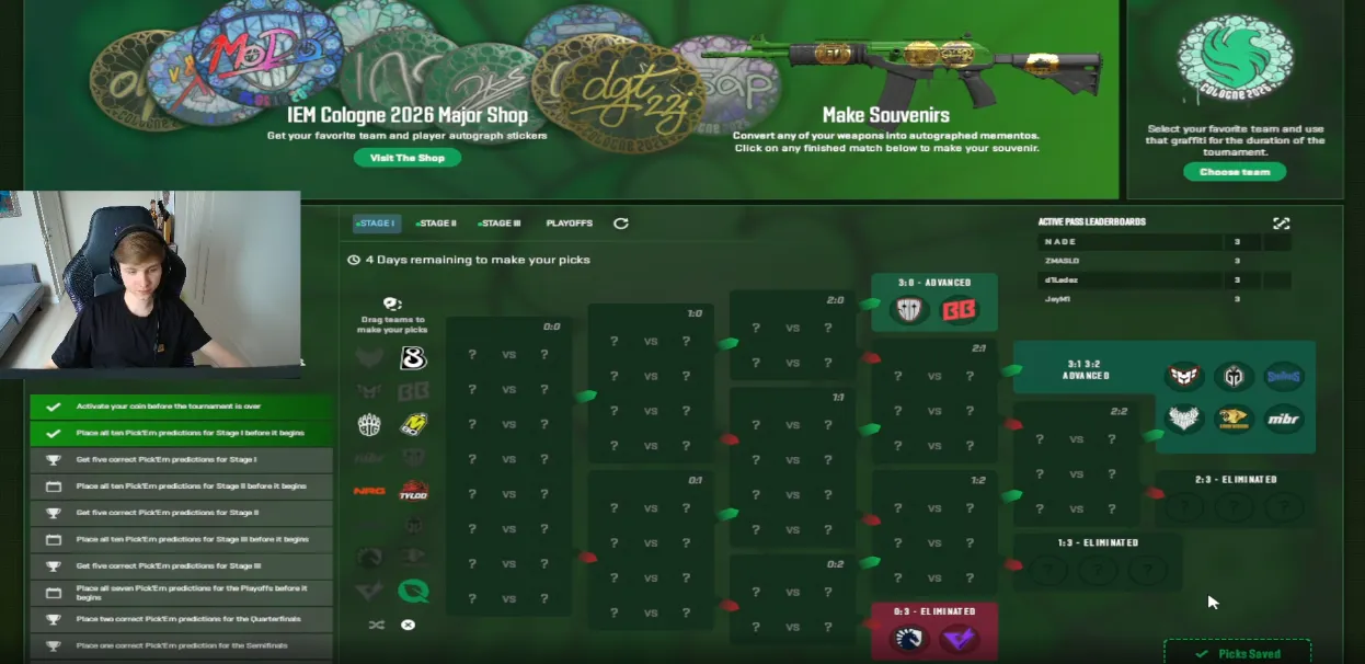 Pick'Em на первую стадию IEM Cologne Major 2026 от m0NESY | Источник: трансляция m0NESY