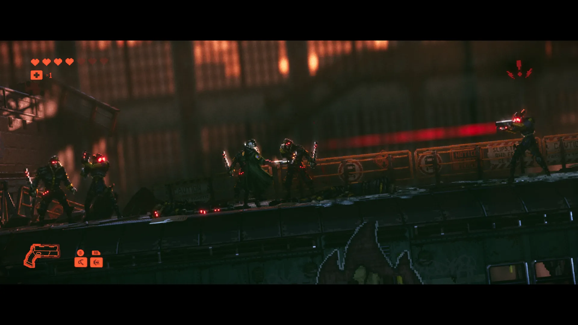 В отличие от трёхмерных игр про Бэтмена, REPLACED выполнена в 2,5D, из-за чего враги иногда наслаиваются друг на друга, и удар может случайно попасть не по той цели. Скриншот из REPLACED