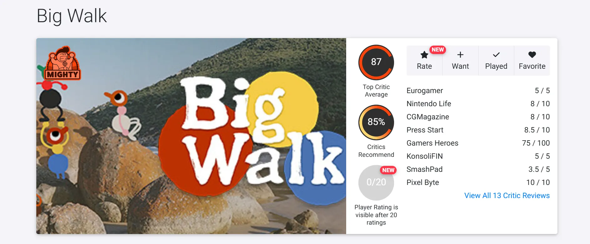 Оценки Big Walk. Источник: OpenCritic