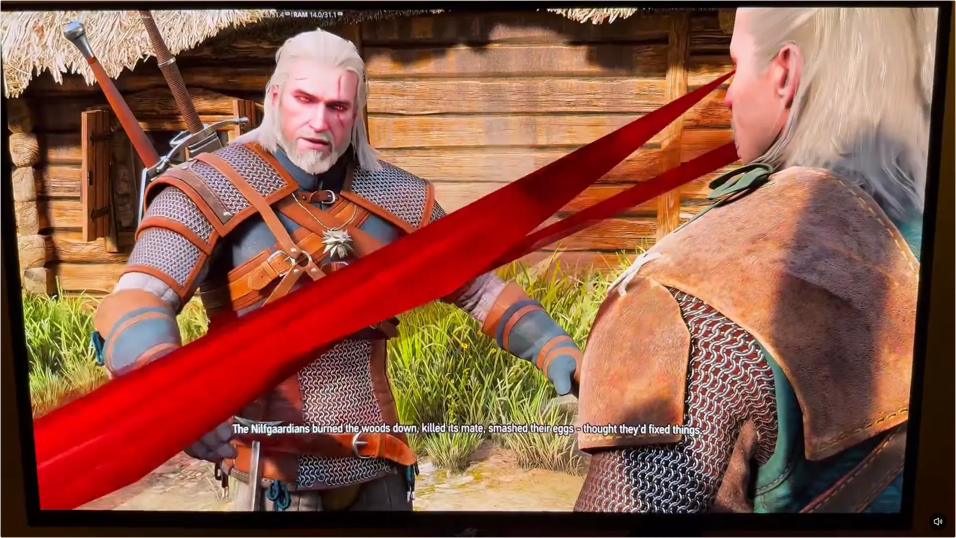 У Весемира взорвались глаза. Скриншот из The Witcher 3: Wild Hunt — Remastered. Источник: fromfireforged в Х