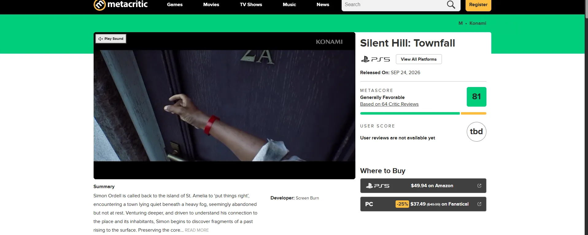 Оценки Silent Hill: Townfall. Источник: Metacritic