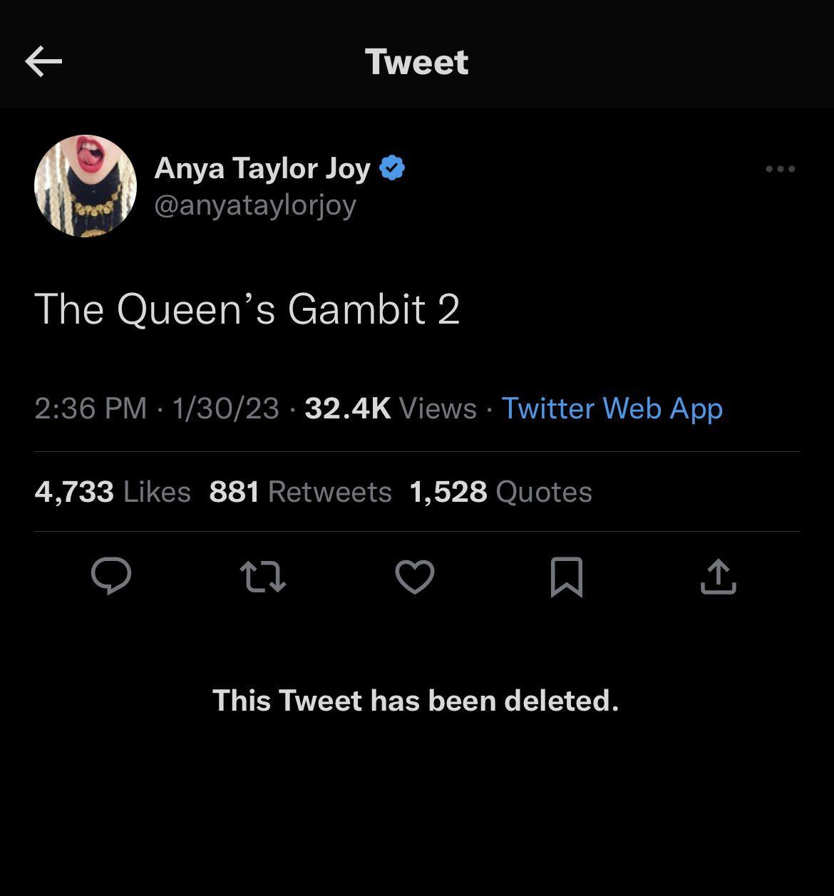 «Ход королевы 2». Удаленный твит Ани Тейлор-Джой