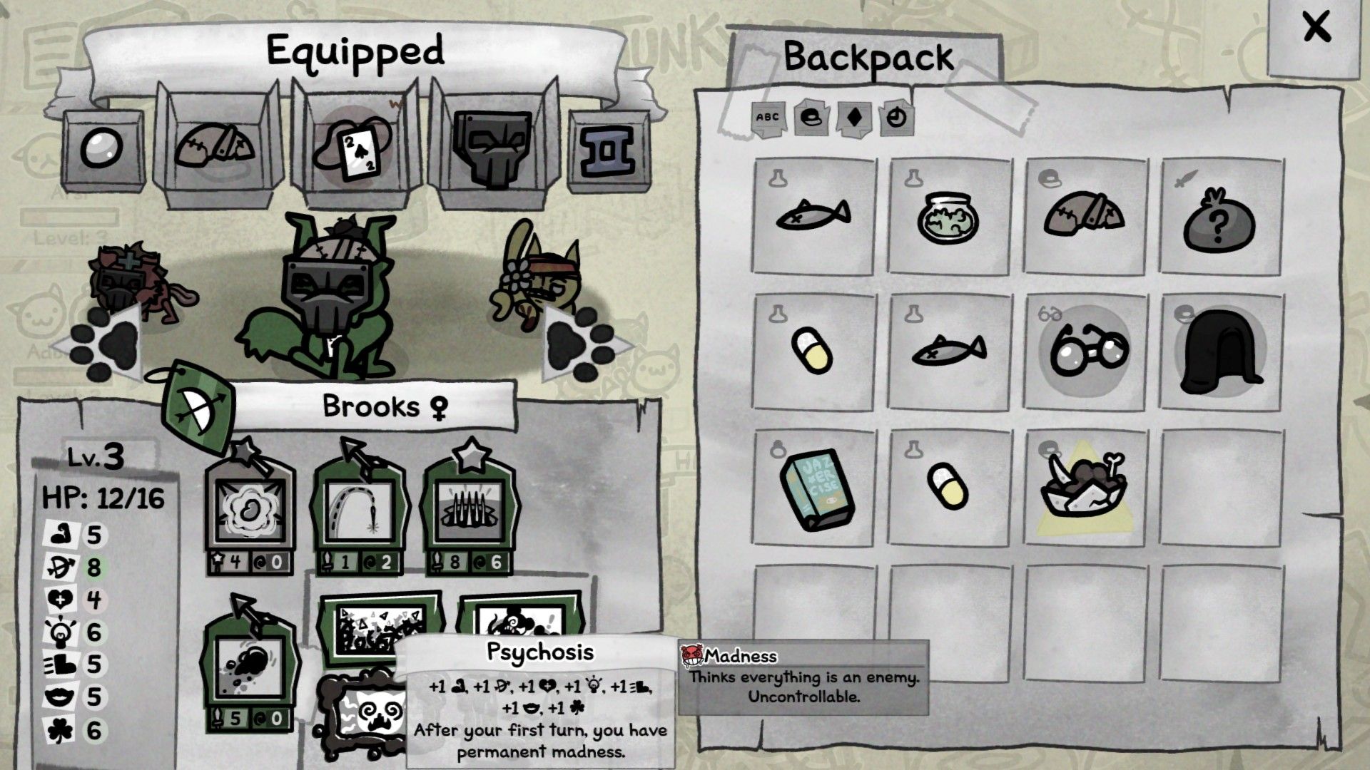 Окно с навыками и предметами. Скриншот из Mewgenics