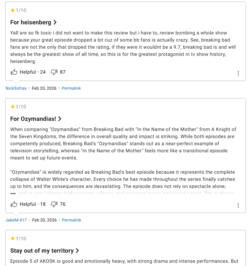 Отзывы под серией «Рыцаря Семи Королевств». Источник: IMDb