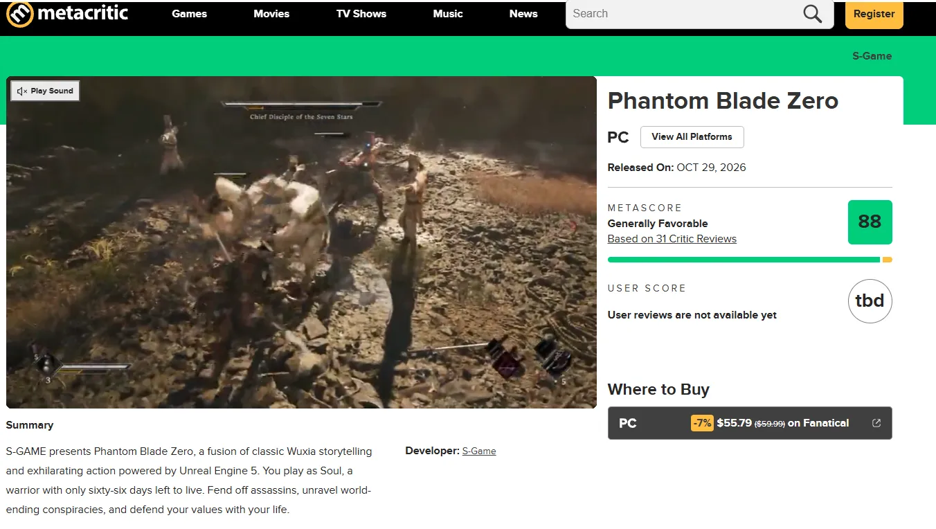 Оценки Phantom Blade Zero. Источник: Metacritic