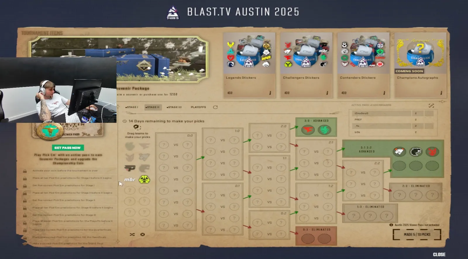 Прогнозы s1mple в Pick'Em Challenge на BLAST.tv Austin Major 2025 | Источник: канал s1mple на Twitch