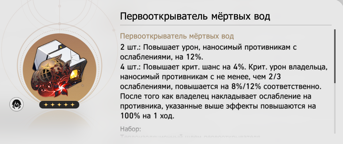 Сет артефактов «Первооткрыватель мёртвых вод». Источник: Honkai Star Rail