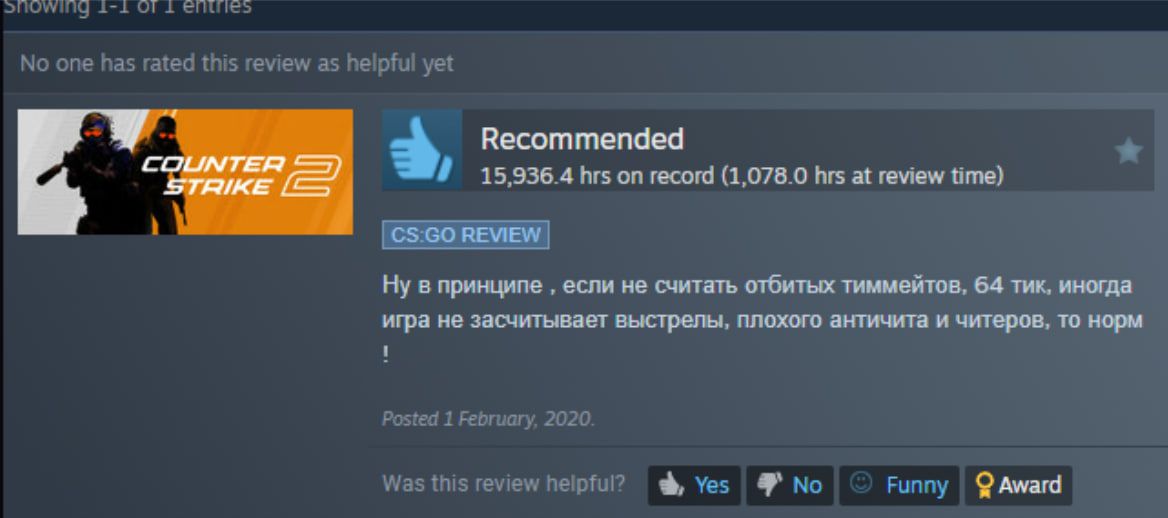 Отзыв о CS:GO от AquaRS в 2020 году | Источник: Steam