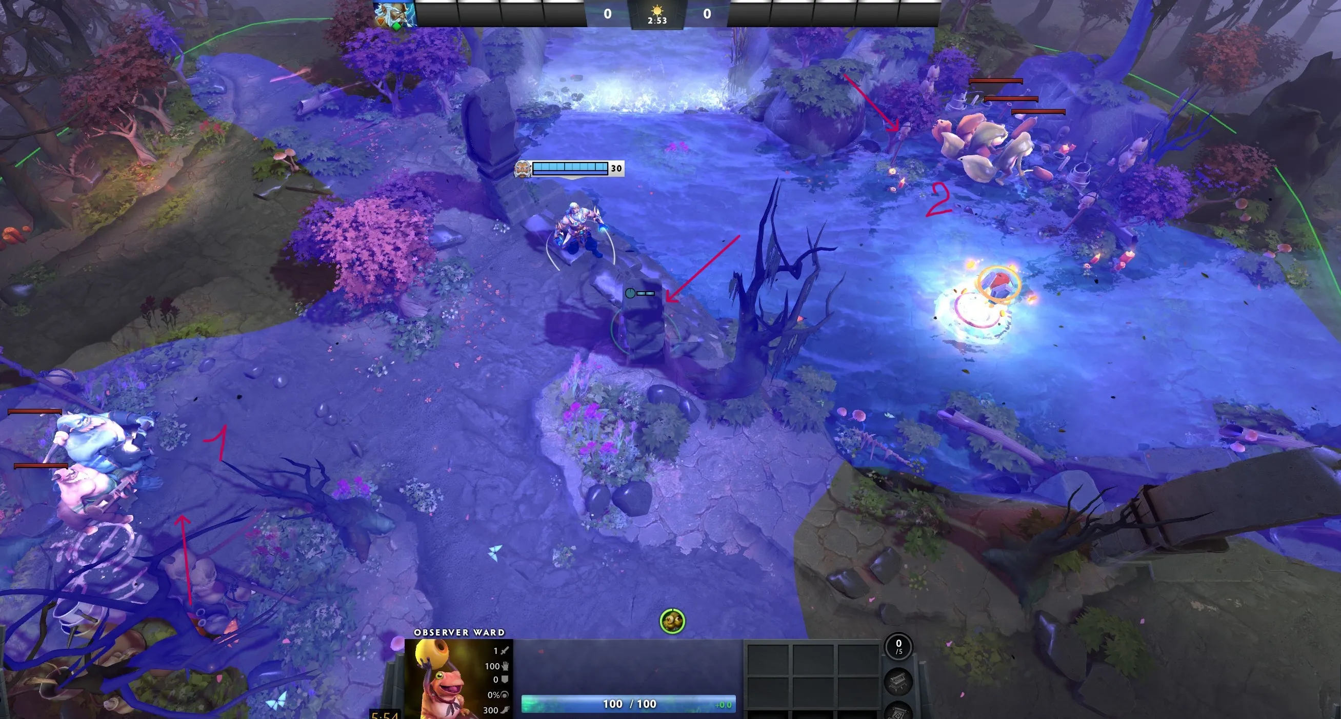 Ставим на лестницу в колонну, почти незаметен. Дает обзор на два кемпа и Bounty  | Источник: Dota 2