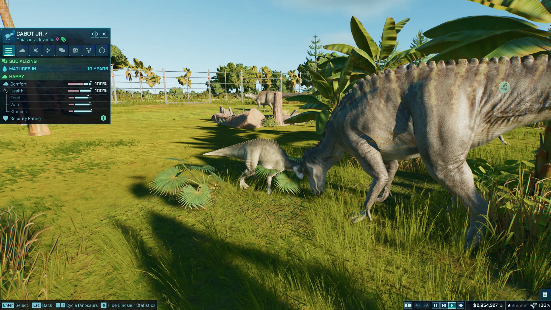 Дино-ребенок и дино-мама проявляют нежности в Jurassic World Evolution 3. Источник: скриншот из игры Jurassic World Evolution 3.