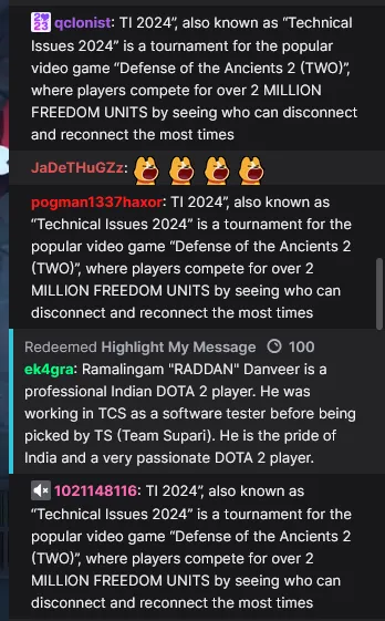 TI 2024, также известный как «Технические Проблемы 2024», — турнир по Dota 2, где игроки соревнуются в том, кто сможет больше раз переподключиться к серверу  