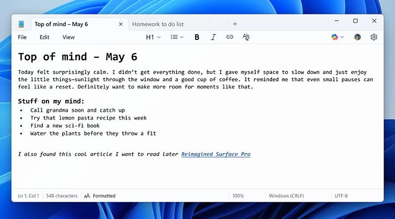 «Блокнот» для Windows 11 с новыми возможностями форматирования текста | Источник: Microsoft
