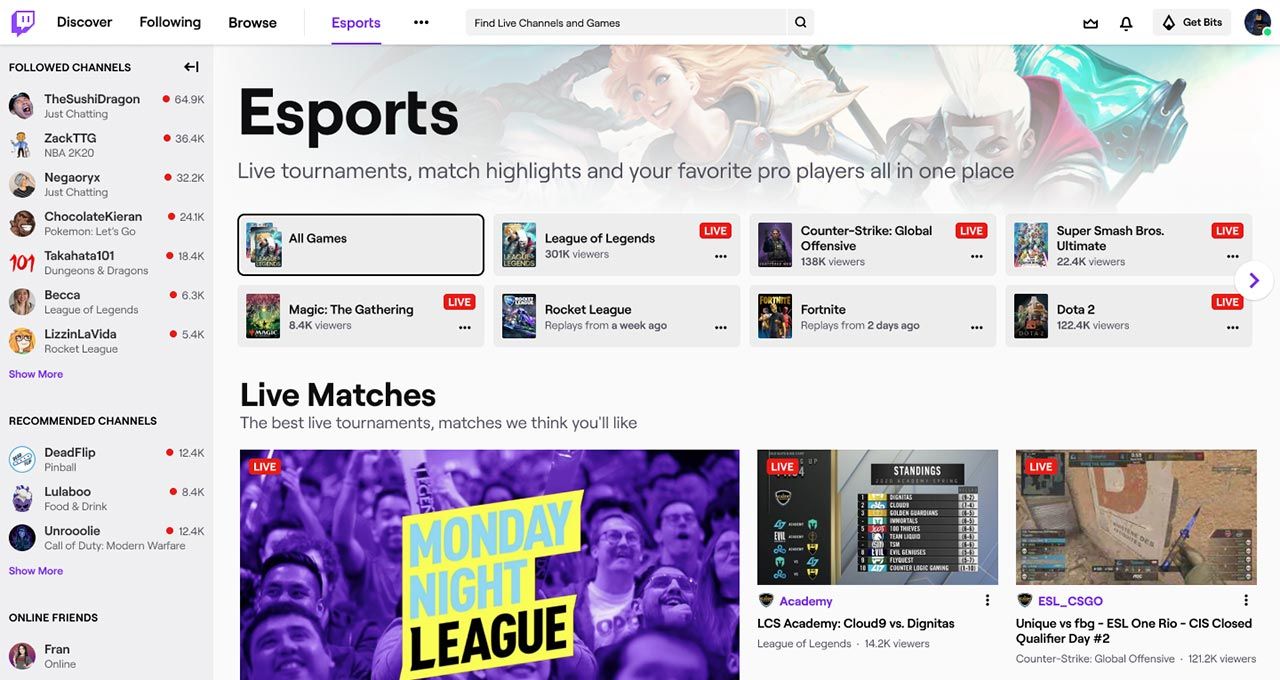 Скриншот киберспортивного раздела на Twitch.
Источник: Twitch