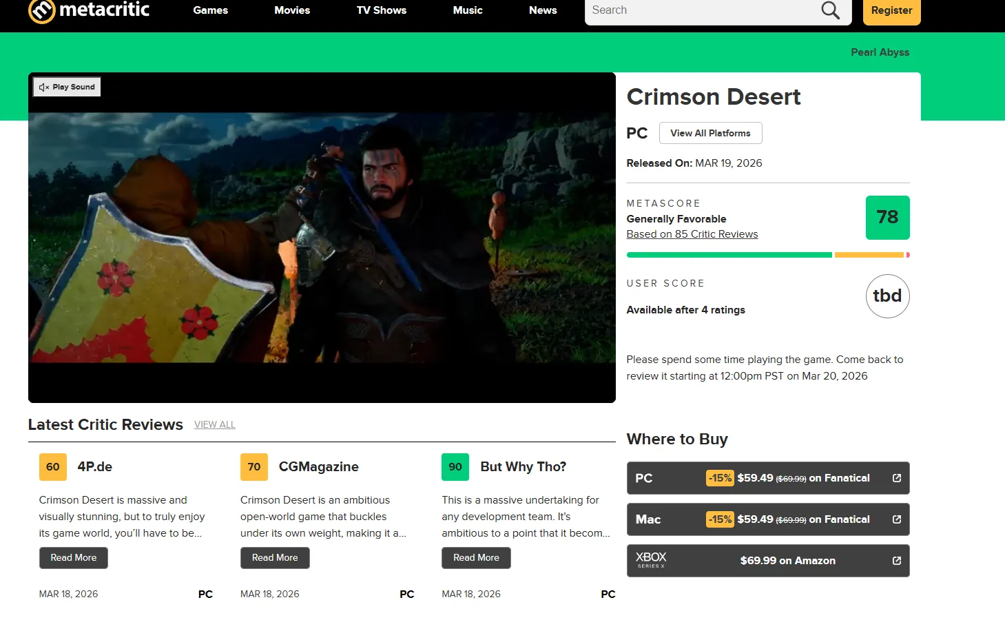 Рейтинг Crimson Desert на Metacritic. Источник: сайт агрегатора