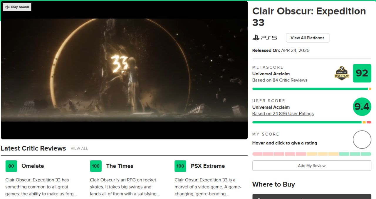 Страница Clair Obscur: Expedition 33. Источник: Metacritic