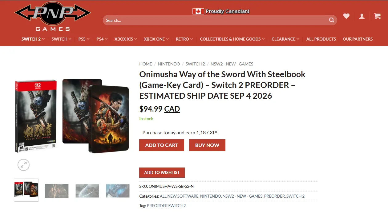 Неправильная дата релиза Onimusha: Way of the Sword на сайте ритейлера PNP Games