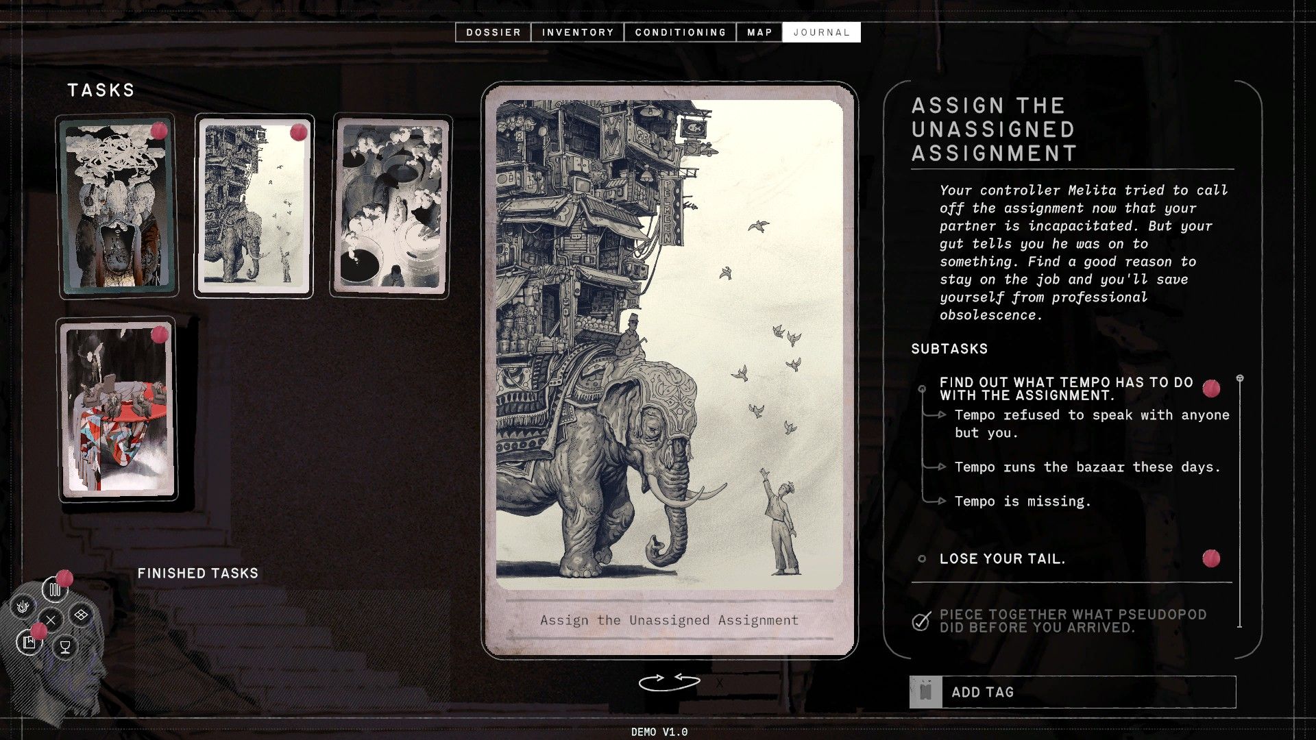 Карточка с мыслями. Скриншот из ZERO PARADES: For Dead Spies