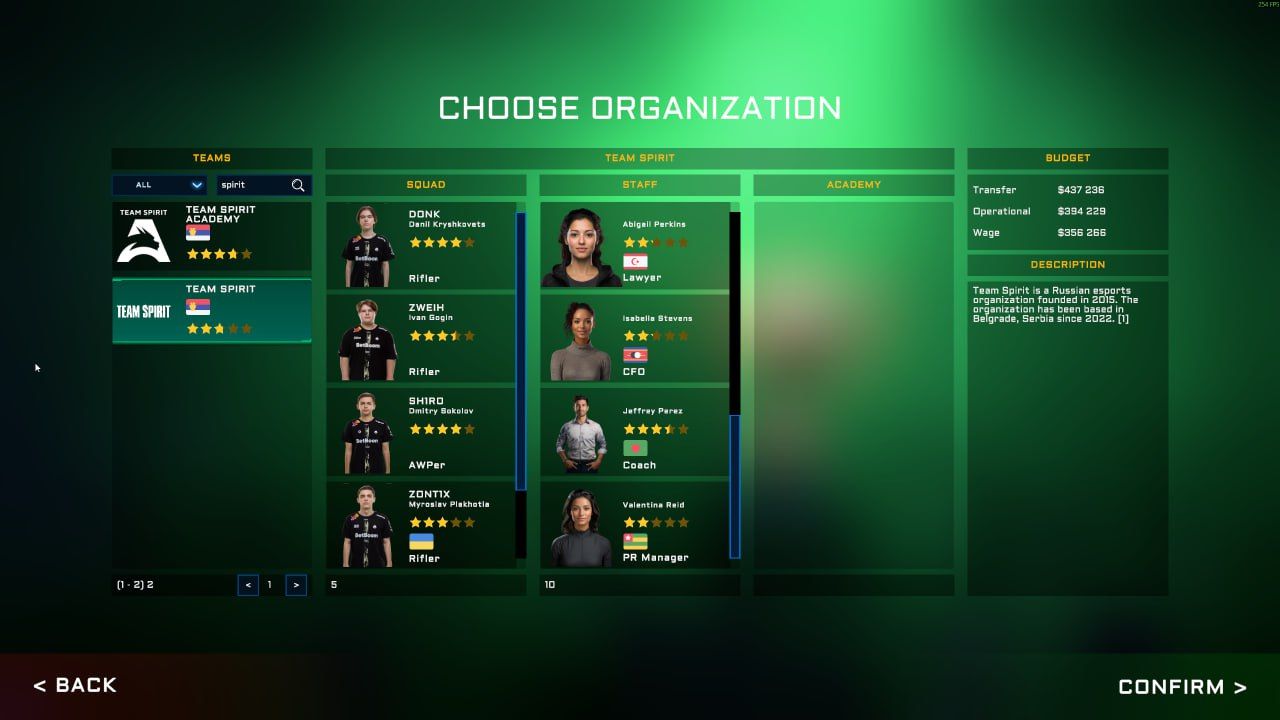 Меню выбора клуба в Esports Manager 2026 | Скриншот из Esports Manager 2026