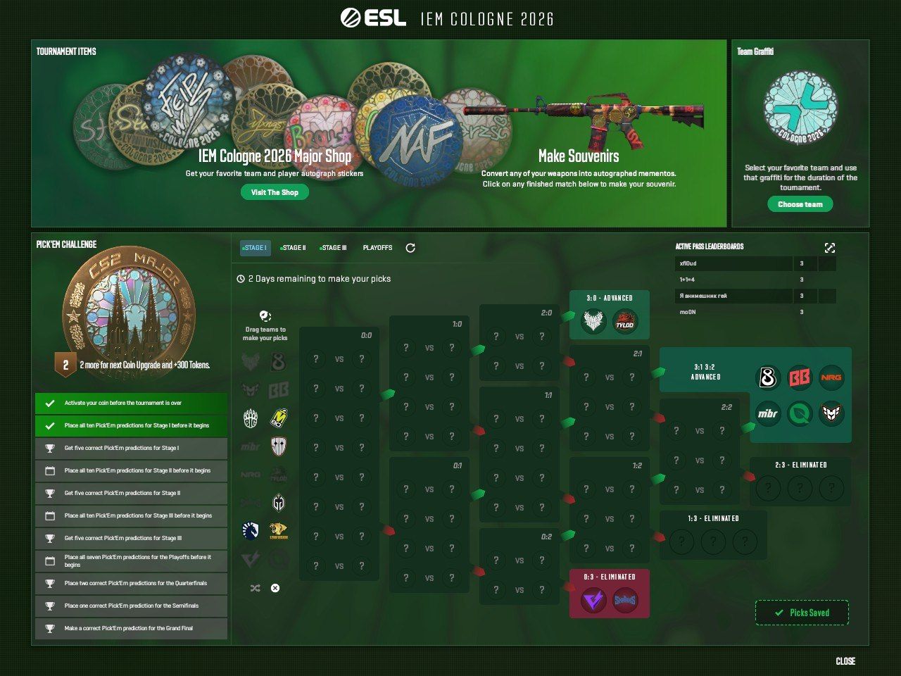 Pick'Em на первую стадию IEM Cologne Major 2026 от xiELO | Источник: Telegram-канал xiELO