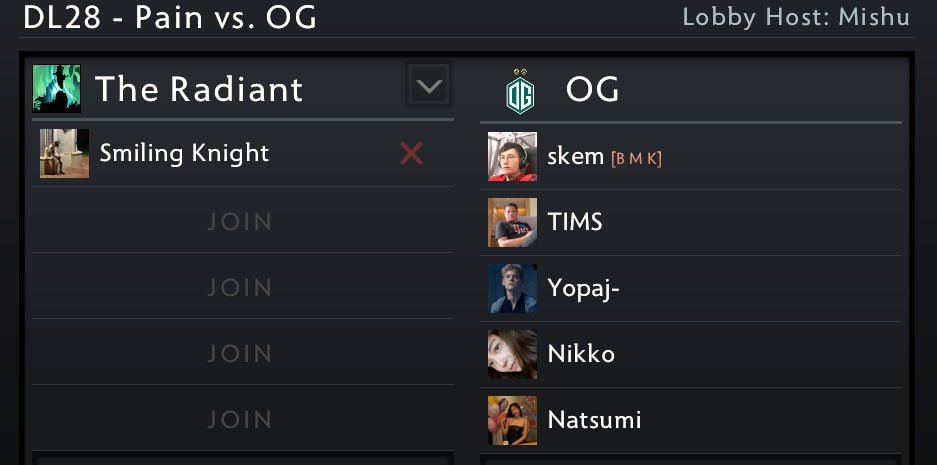 Лобби матча paiN Gaming против OG на DreamLeague Season 28 | Источник: Smiling Knight в Telegram