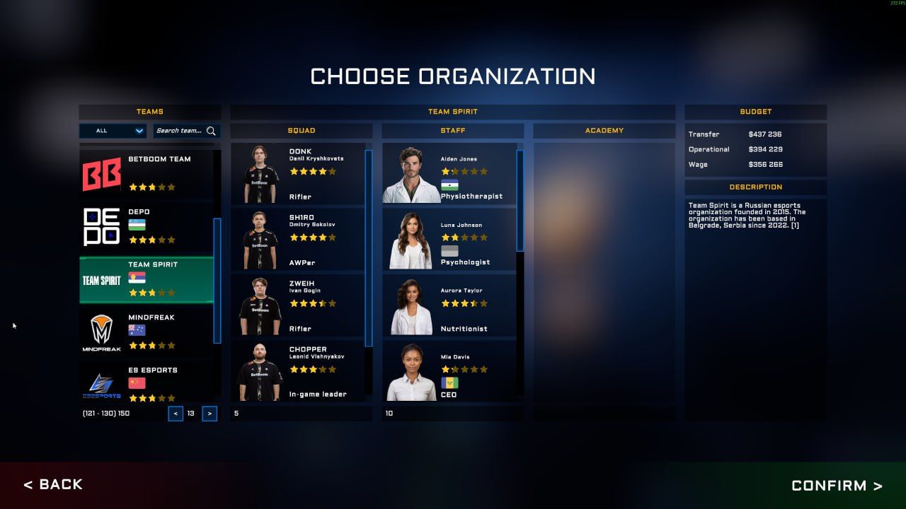 Меню выбора клуба в Esports Manager 2026