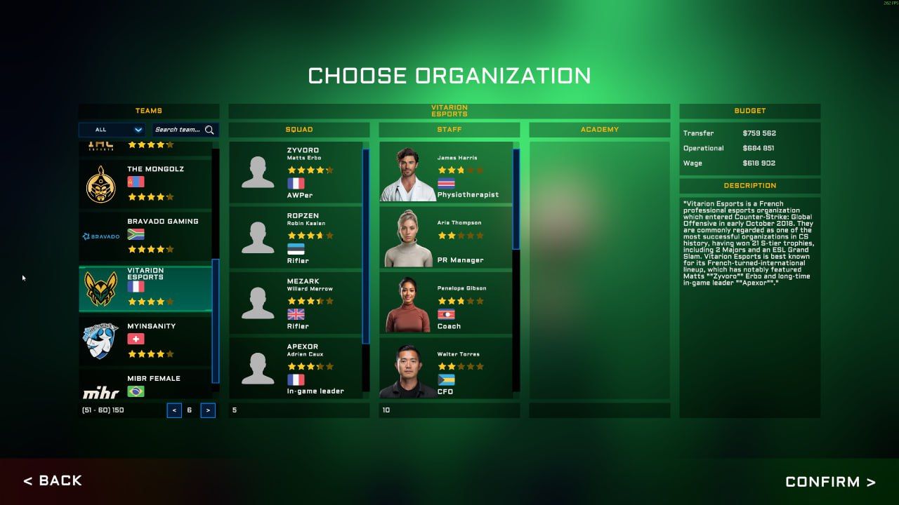 Меню выбора клуба в Esports Manager 2026