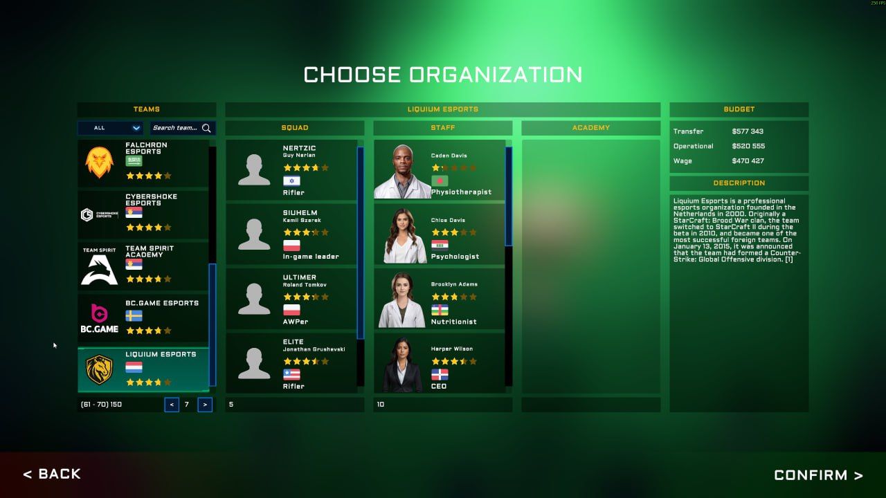 Меню выбора клуба в Esports Manager 2026 | Скриншот из Esports Manager 2026