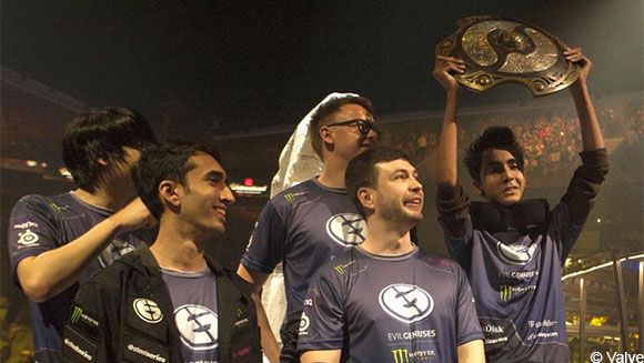 Evil Geniuses после победы на TI | Источник: Valve
