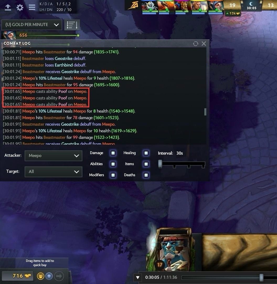 Meepo три раза кастует Poof в 30:01.65