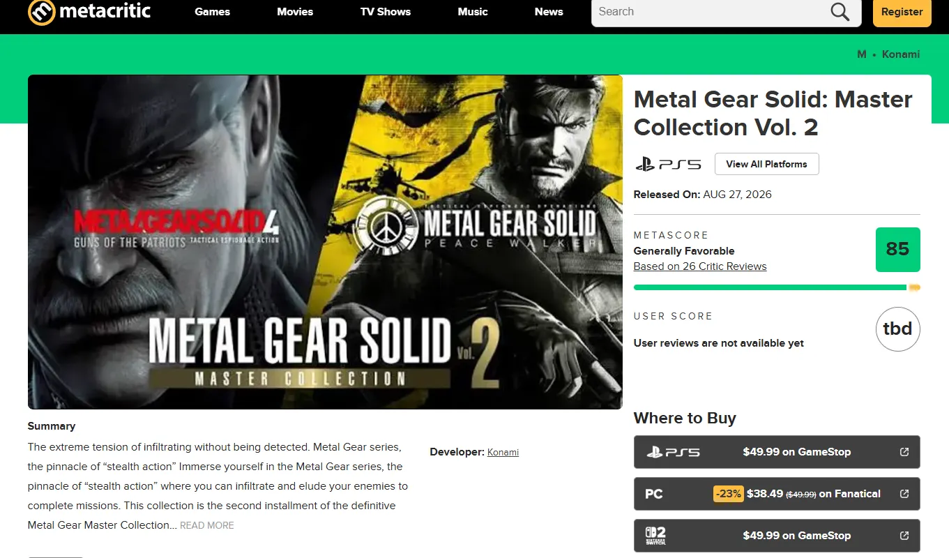 Оценки Metal Gear Solid: Master Collection Vol. 2. Источник: Metacritic