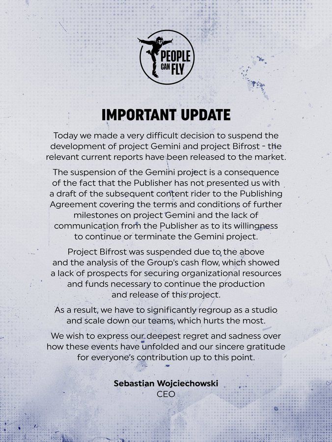 Заявление студии. Источник: аккаунт PCFPeopleCanFly в X 