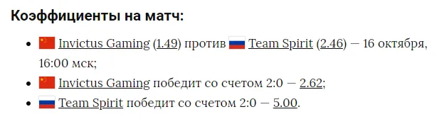 Коэффициенты на матч против IG