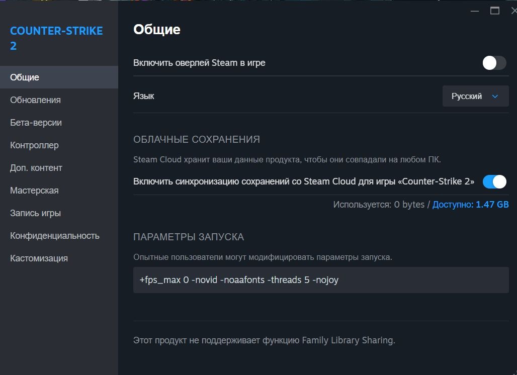Скриншот настроек CS2 в Steam с параметрами запуска
