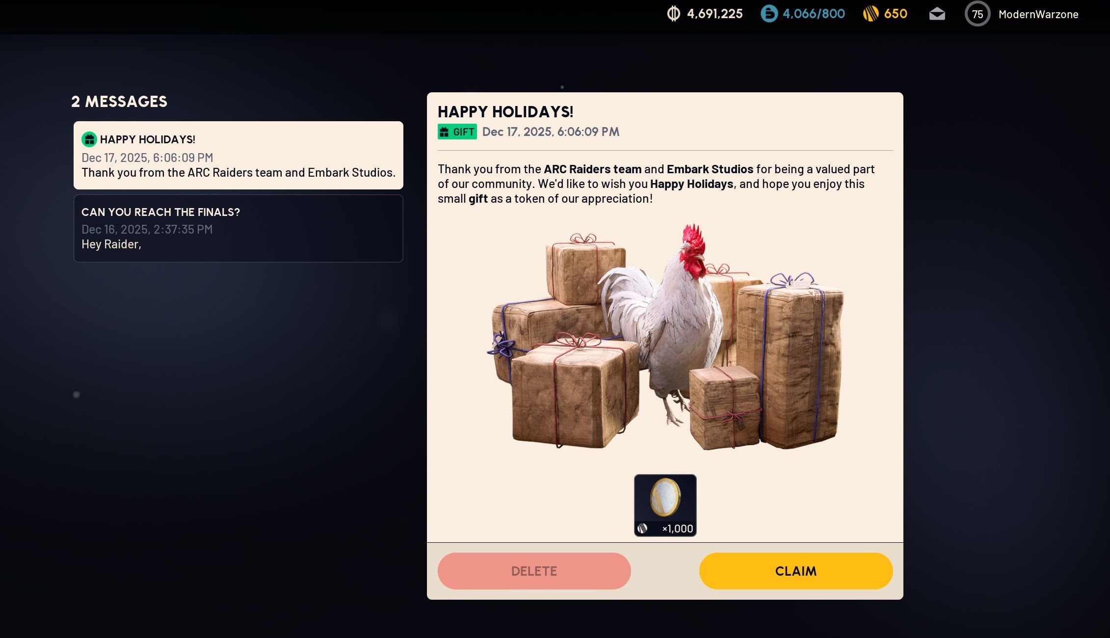 Бесплатные монеты в ARC Raiders. Источник: пост ModernWarzone в Х