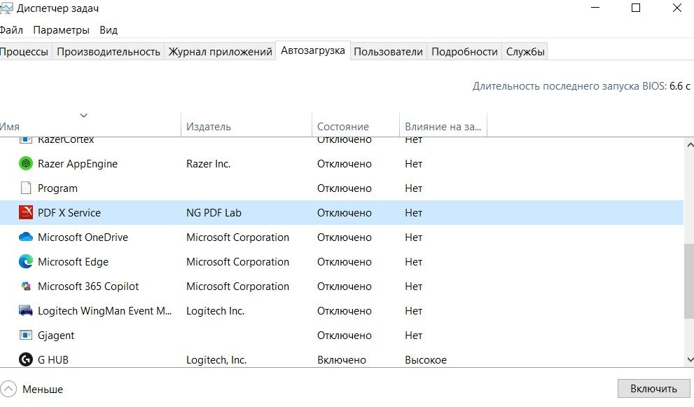 Скриншот меню автозагрузки в диспетчере задач Windows 10