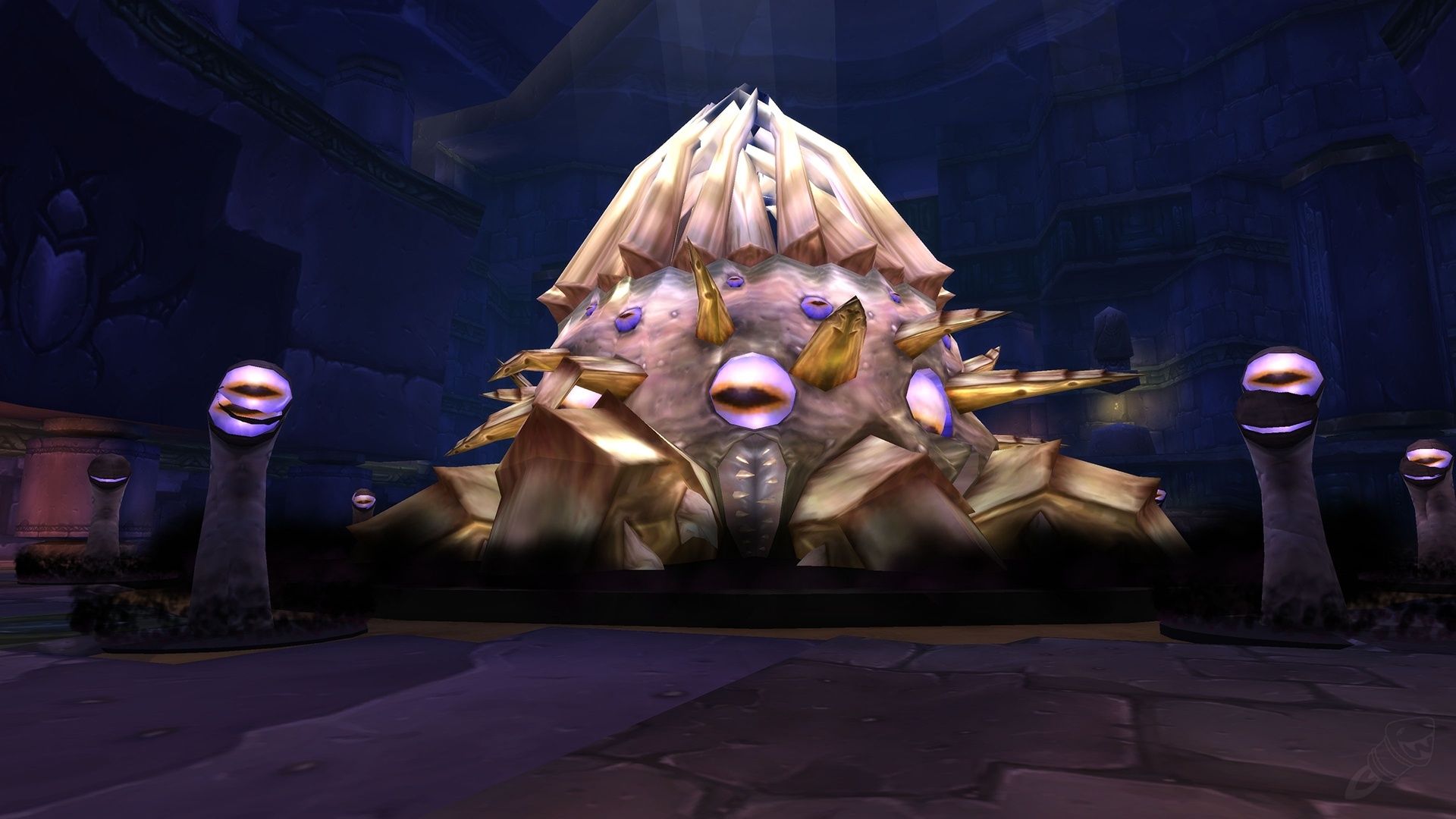 Это К'Тун уже без огромного глаза сверху. Совсем недавно я был рад впервые его убить, а теперь загоняю Древнего бога обратно в чёрную жижу каждую среду... Источник: Wowhead