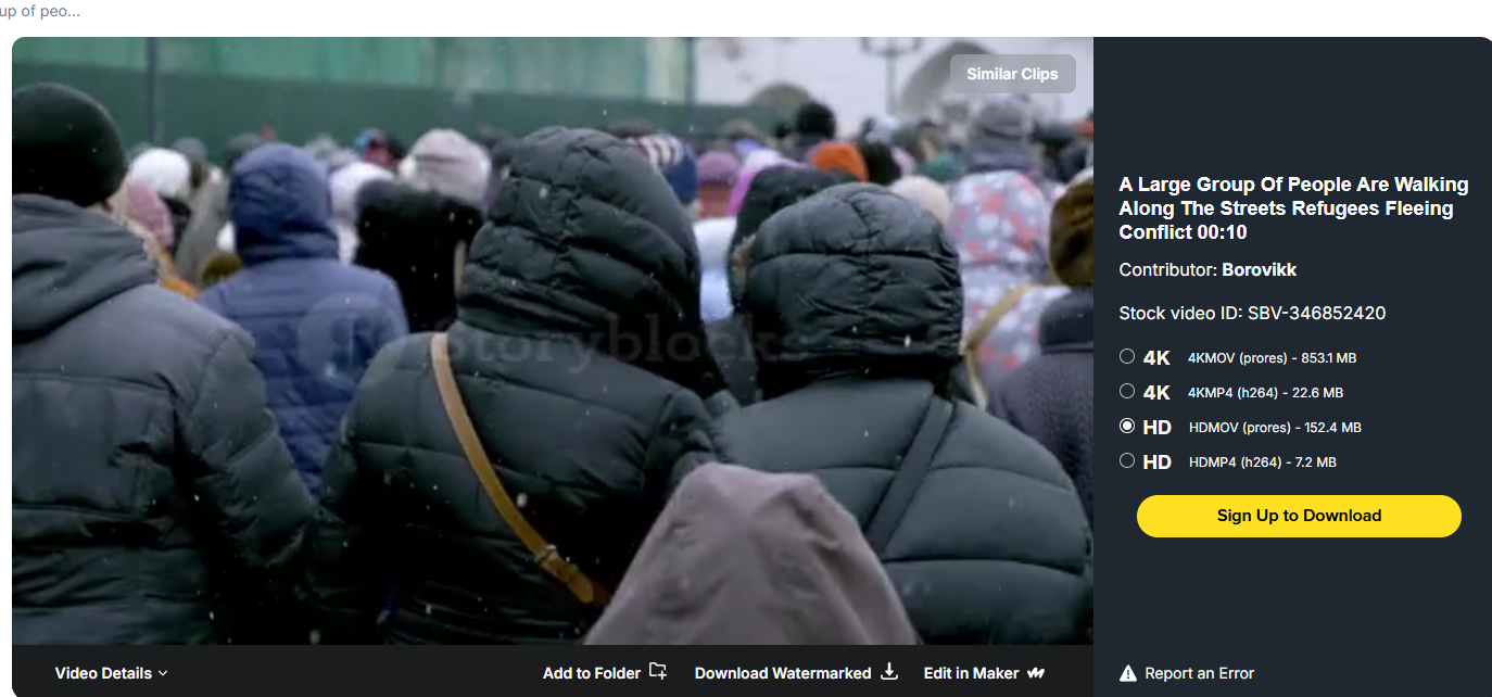 Скриншот страницы сайта стоковых видео StoryBlocks, на котором видно ролик, который использовался в фильме «Война миров»