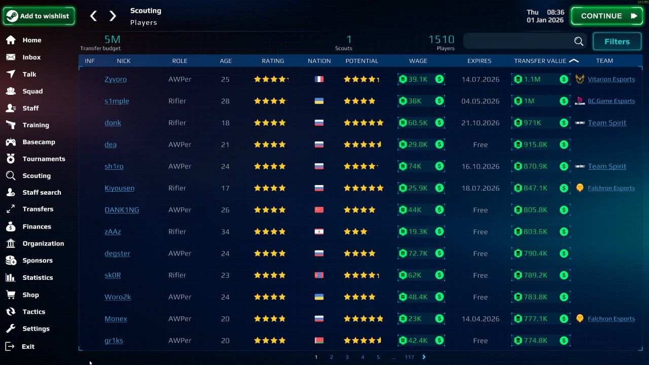 Экран скаутинга в Esports Manager 2026 | Скриншот из Esports Manager 2026