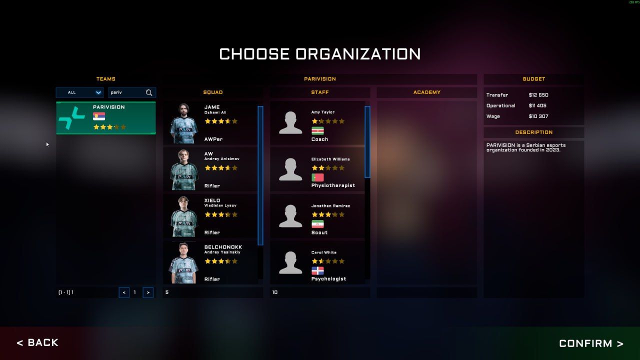 Меню выбора клуба в Esports Manager 2026 | Скриншот из Esports Manager 2026