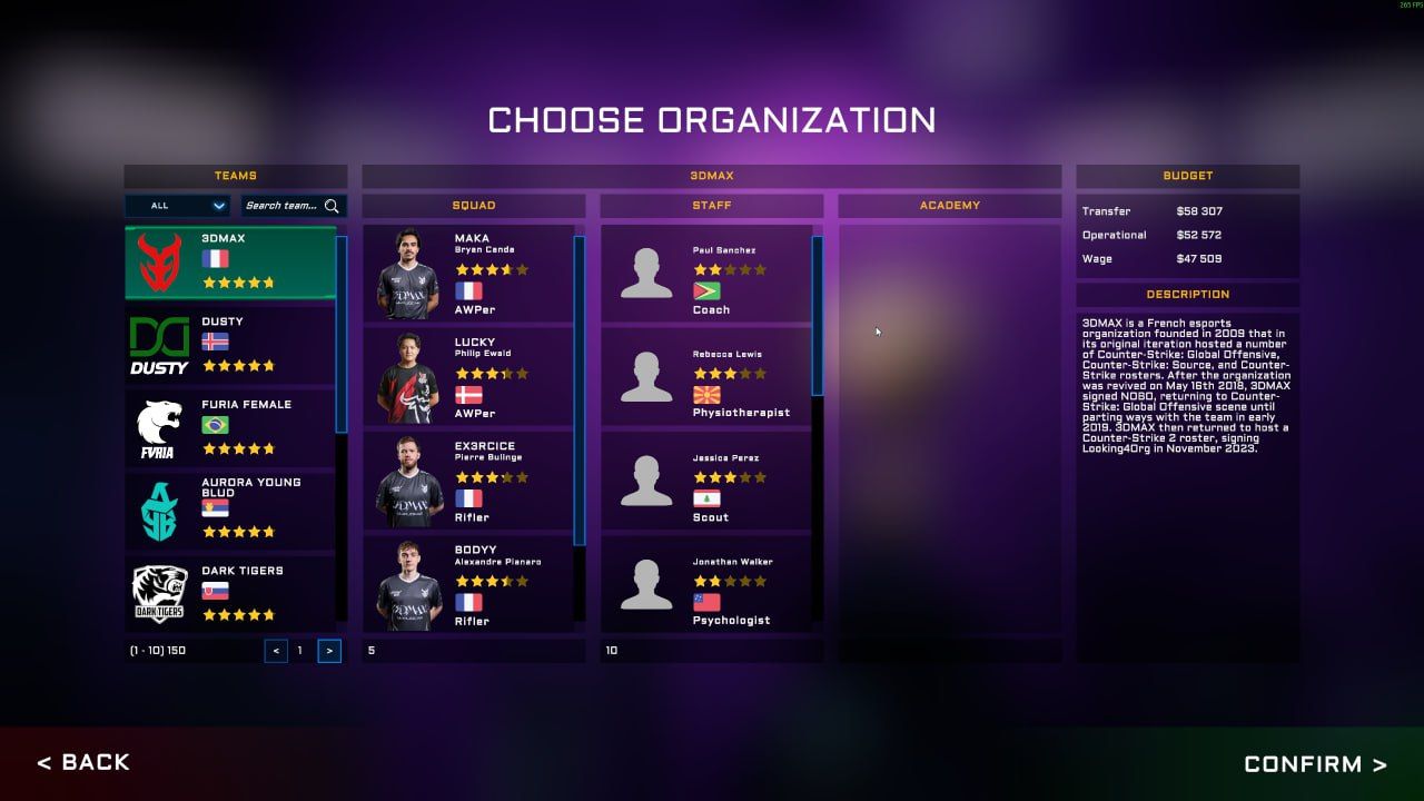 Меню выбора клуба в Esports Manager 2026 | Скриншот из Esports Manager 2026