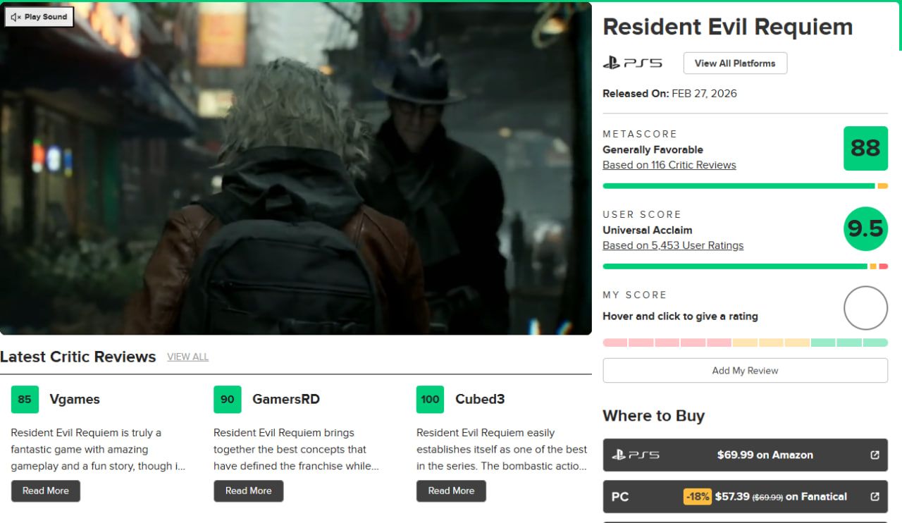 Страница Resident Evil Requiem. Источник: Metacritic
