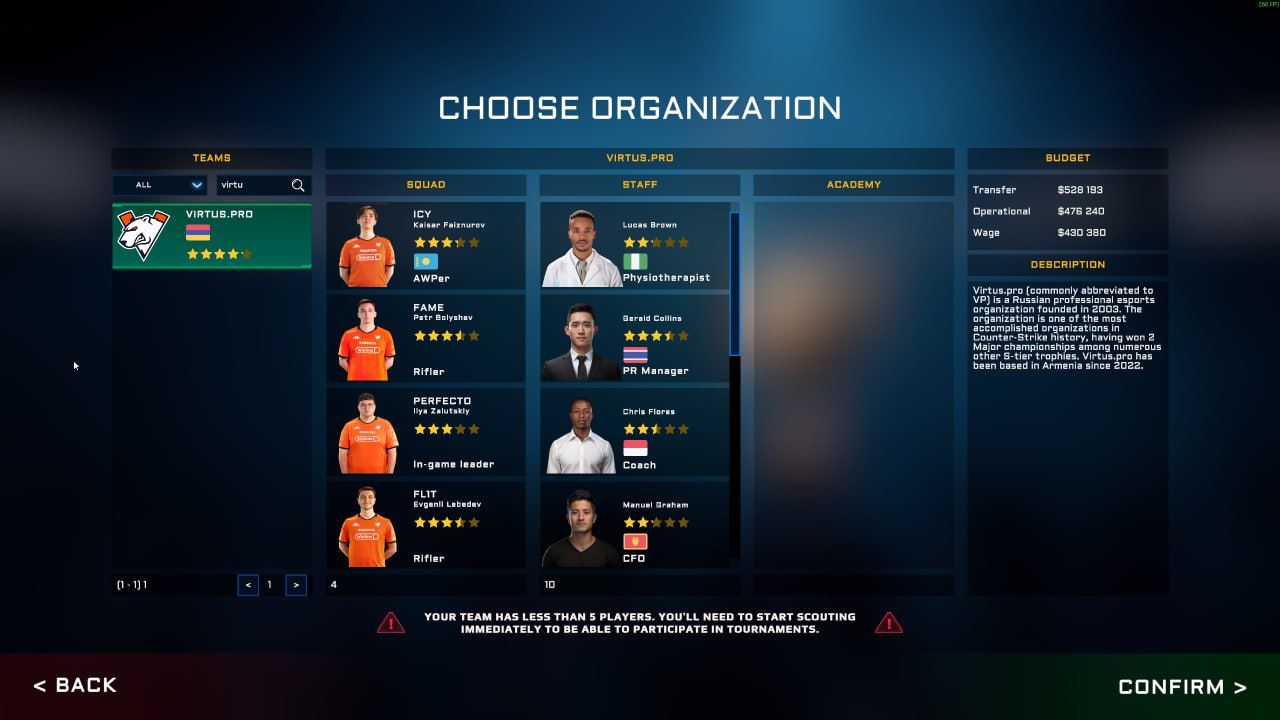 Меню выбора клуба в Esports Manager 2026 | Скриншот из Esports Manager 2026